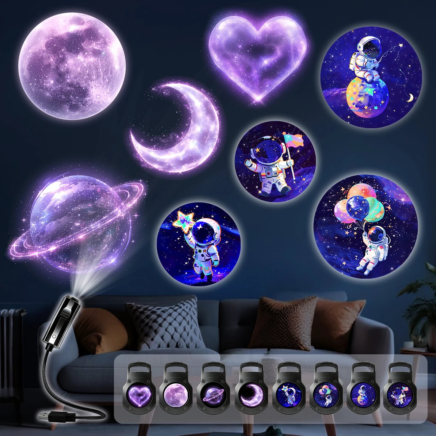 Planet Projector Light, includes 8 different light panels, suitable for ceiling decorations and bedside nightlights.