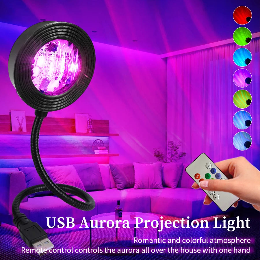 LED Aurora Projector Light USB Projection Water Ripple Romantic Ambient Light Room Decor Night Light Multicolor Atmosphere Light