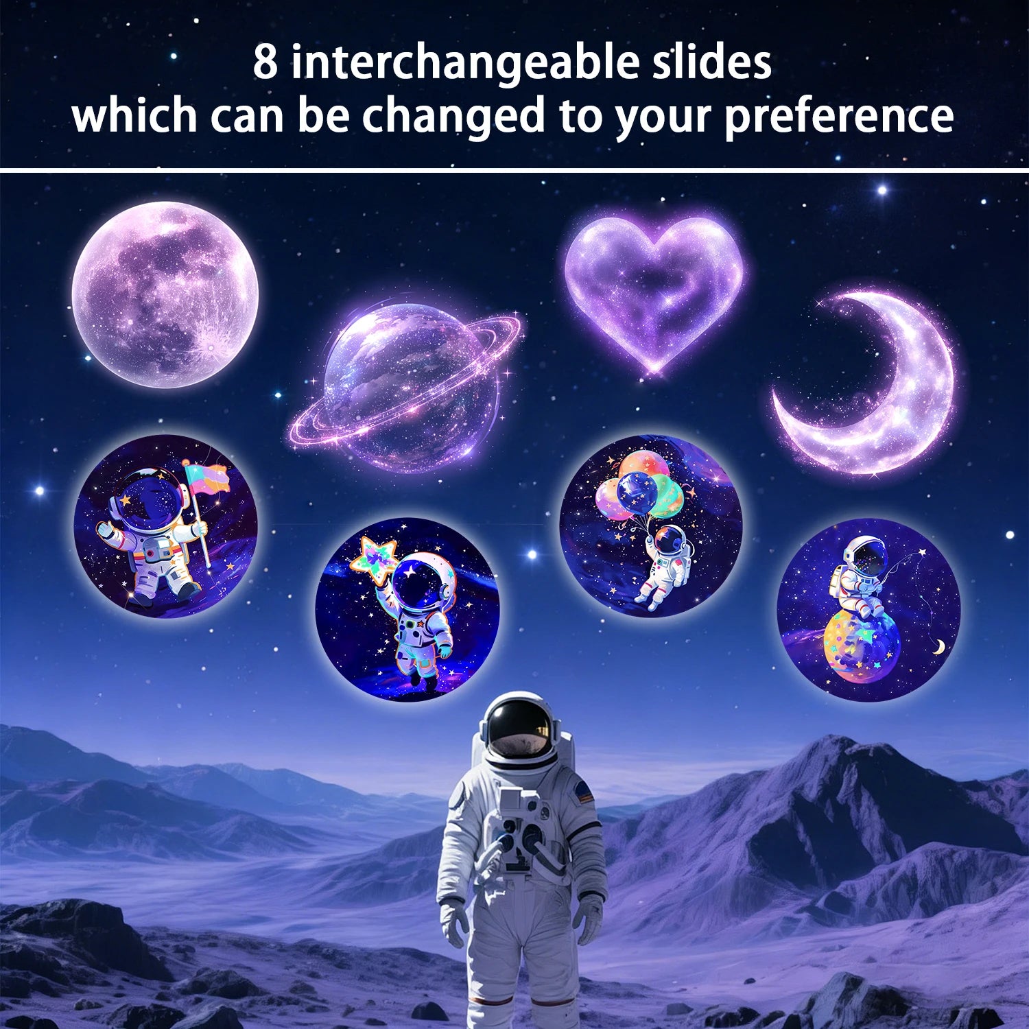 Planet Projector Light, includes 8 different light panels, suitable for ceiling decorations and bedside nightlights.